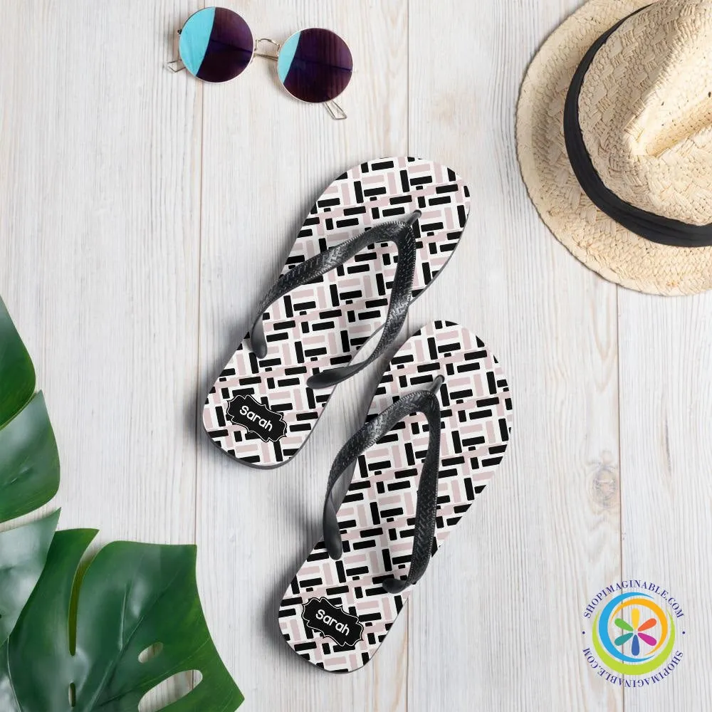 Pink & Black Abstract Personalized Flip-Flops