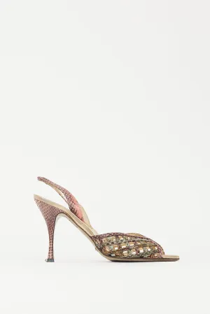 Pink & Green Textured Leather Latticed Heel