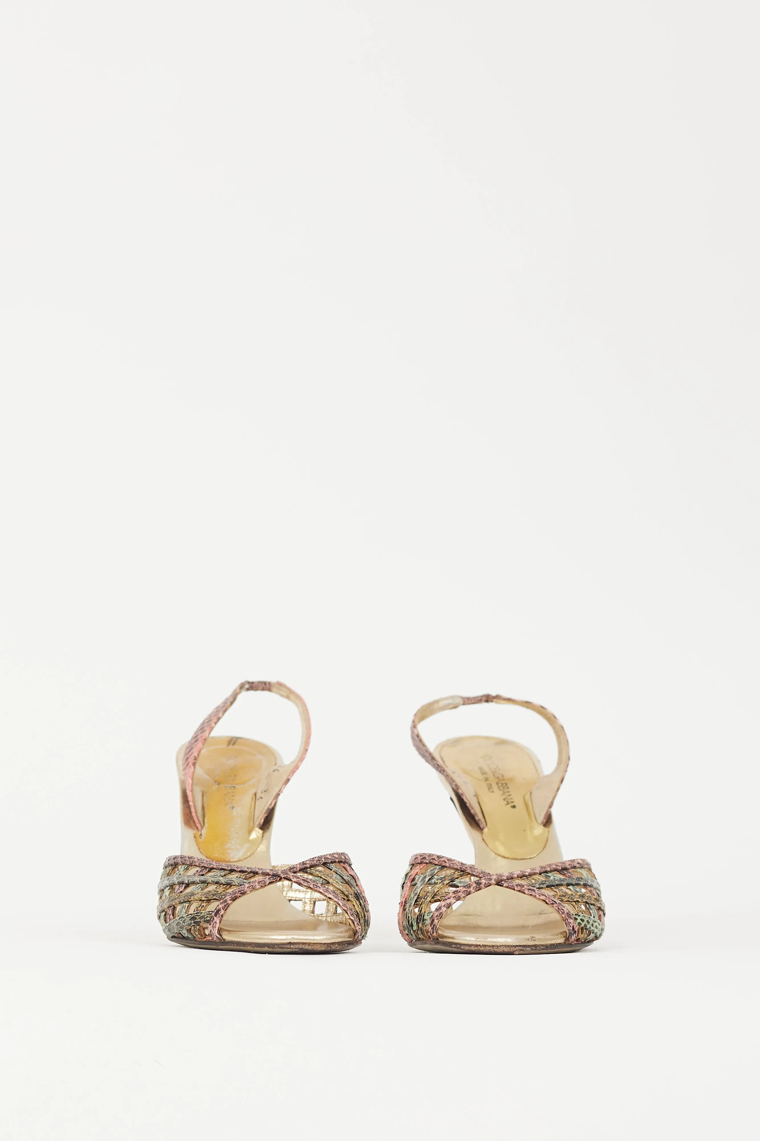 Pink & Green Textured Leather Latticed Heel