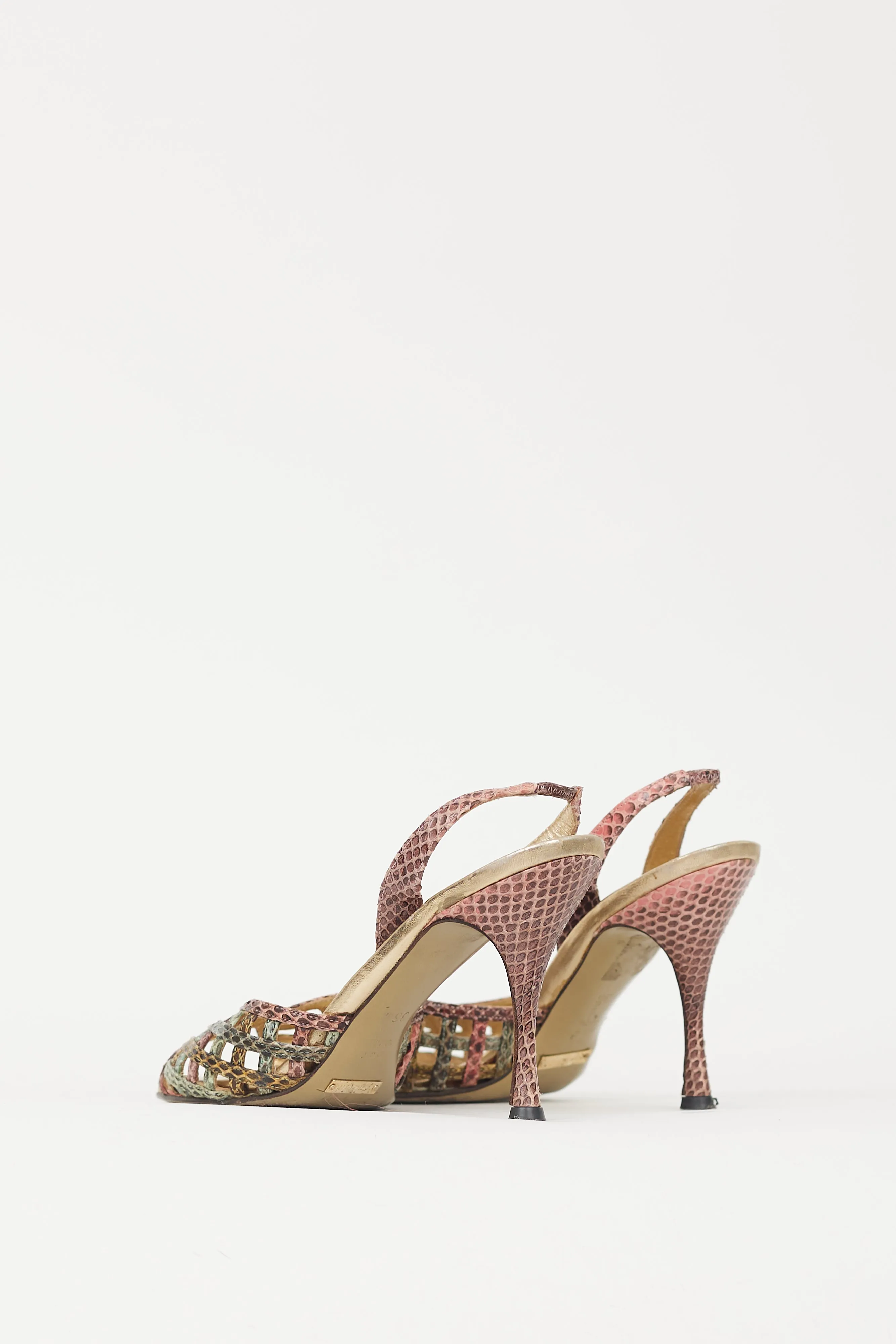 Pink & Green Textured Leather Latticed Heel