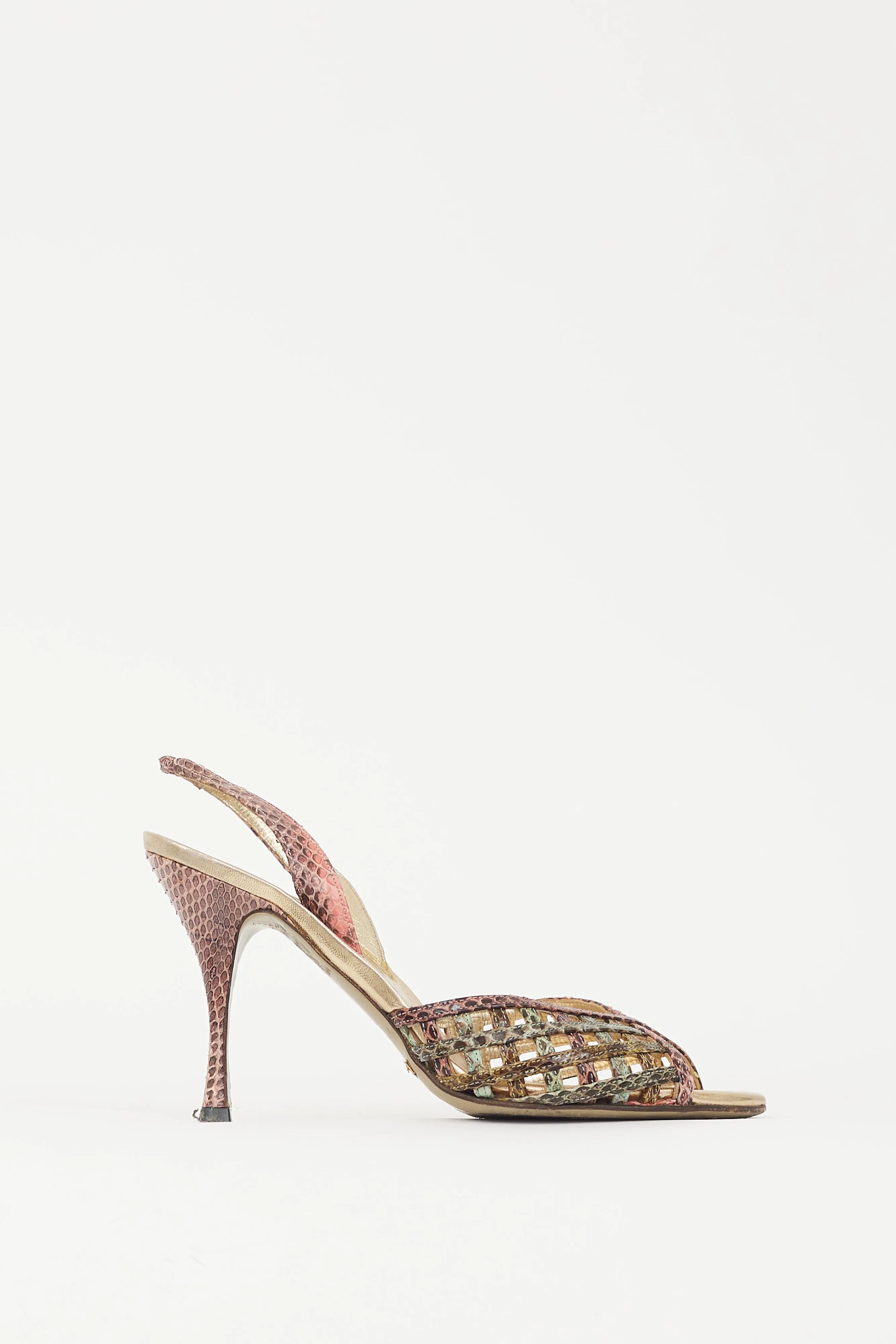 Pink & Green Textured Leather Latticed Heel