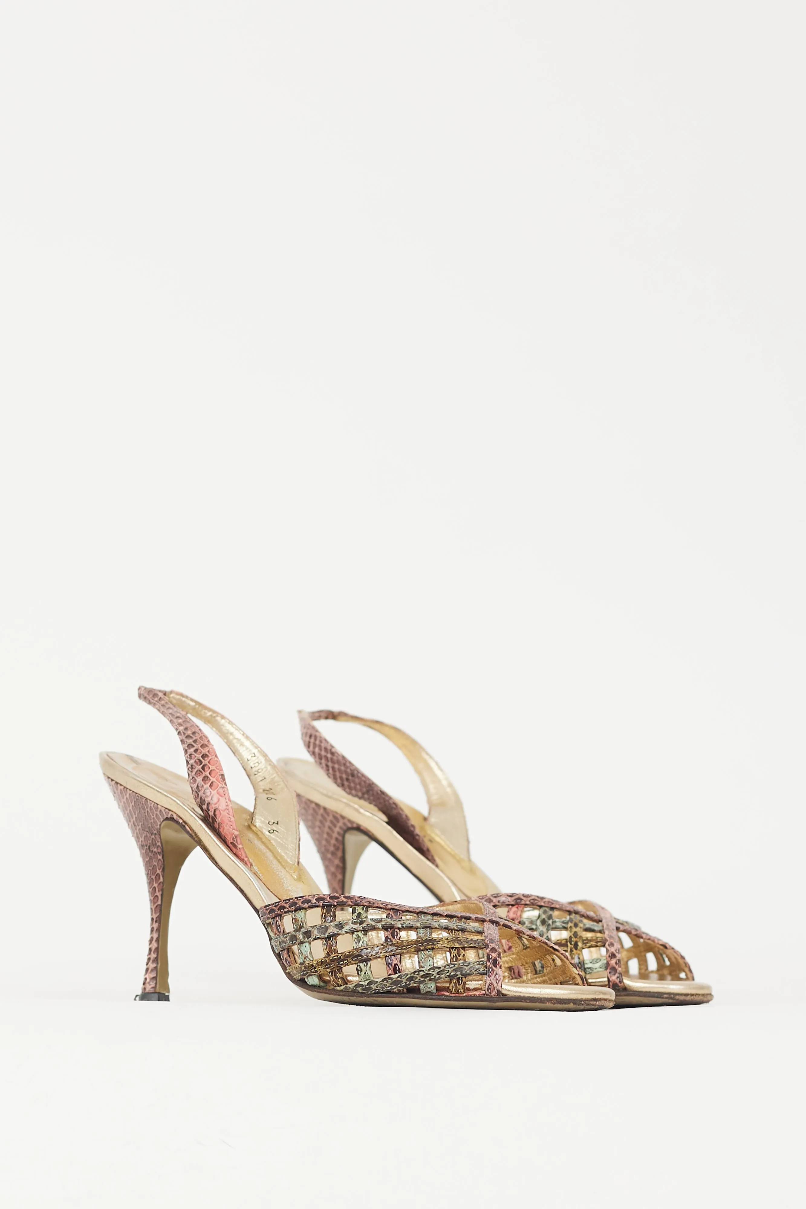 Pink & Green Textured Leather Latticed Heel