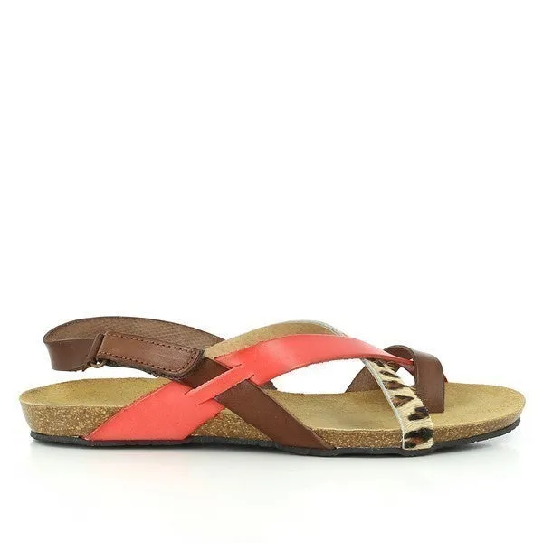 Plakton 575126 Coral, Brown & Leopard Print Thong Sandals