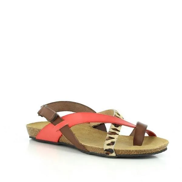 Plakton 575126 Coral, Brown & Leopard Print Thong Sandals