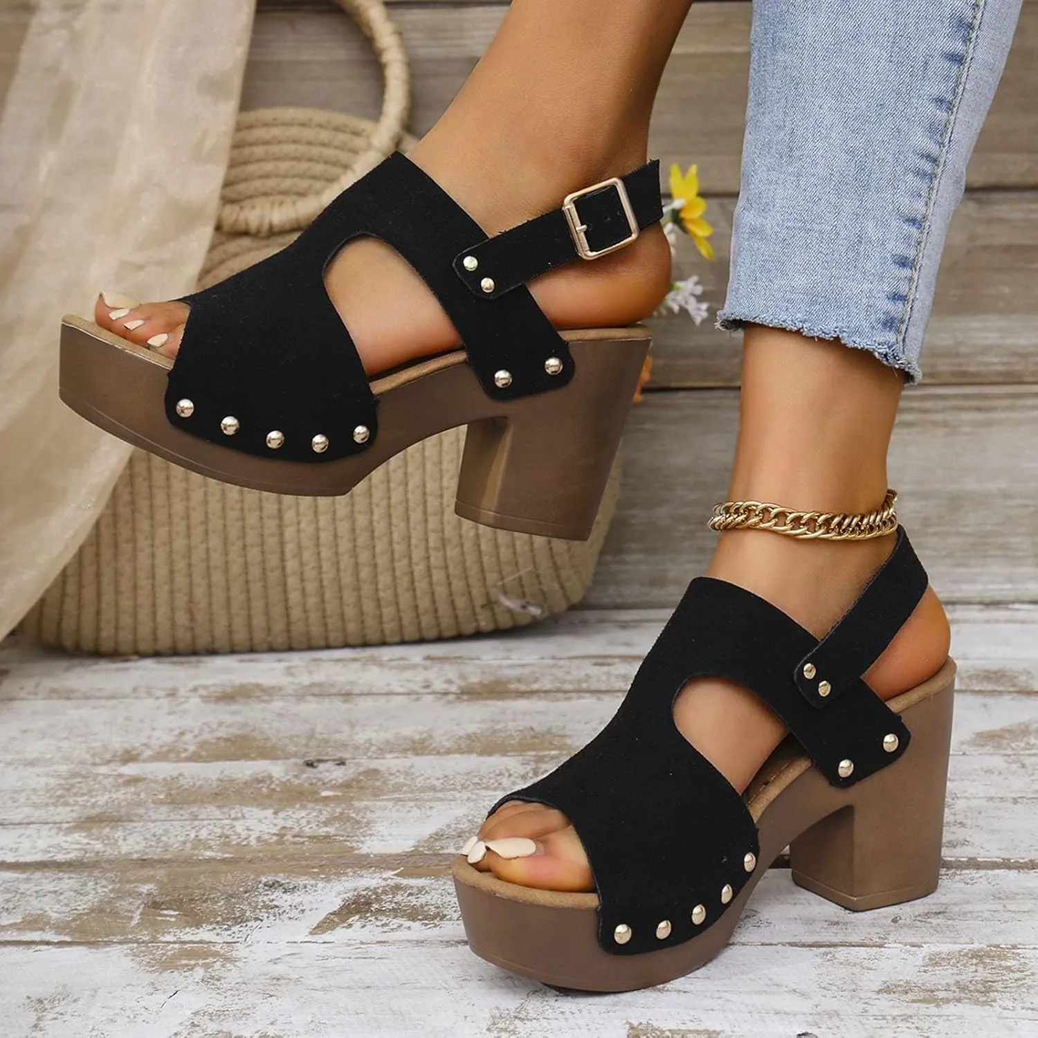 Platform Heels for Women Suede Studded Platform High Heel Stylish Roman Block Heel Sandals with Buckle Ankle Strap