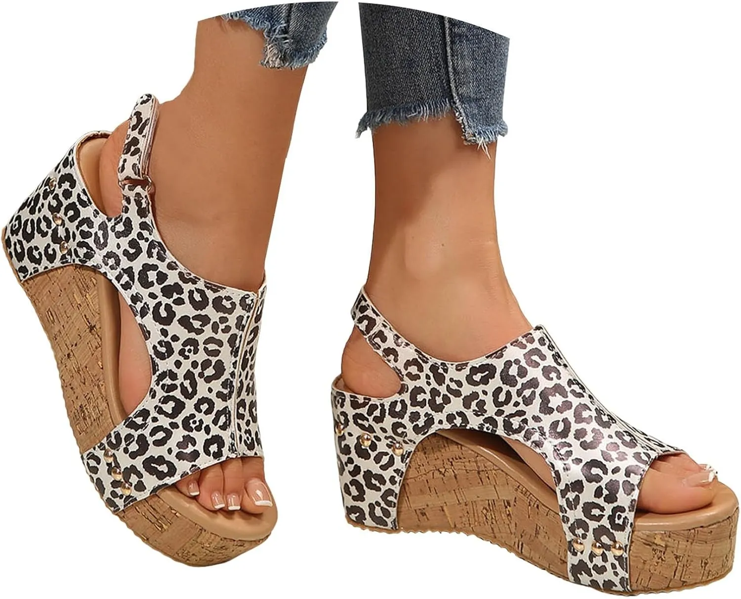 Platform Sandals Women Leopard Wedges EVA Foam Cushioned Insoles Sandals Lightweight Hook And Loop Closure Footwear