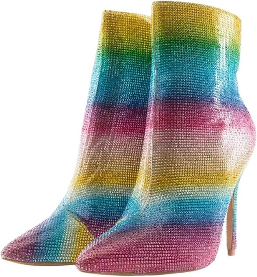 Pointed Toe Ankle Boots High Heels Rhinestones