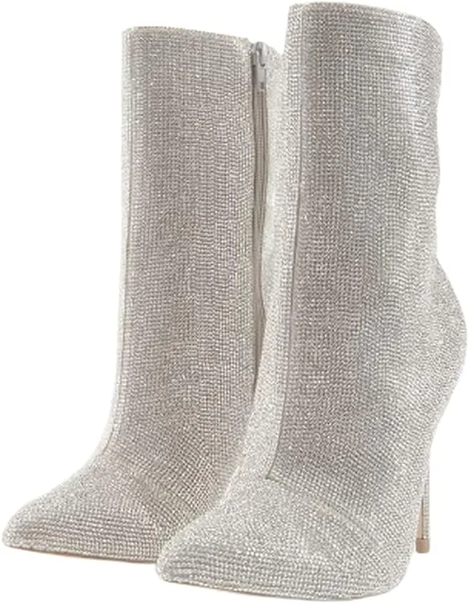 Pointed Toe Ankle Boots High Heels Rhinestones