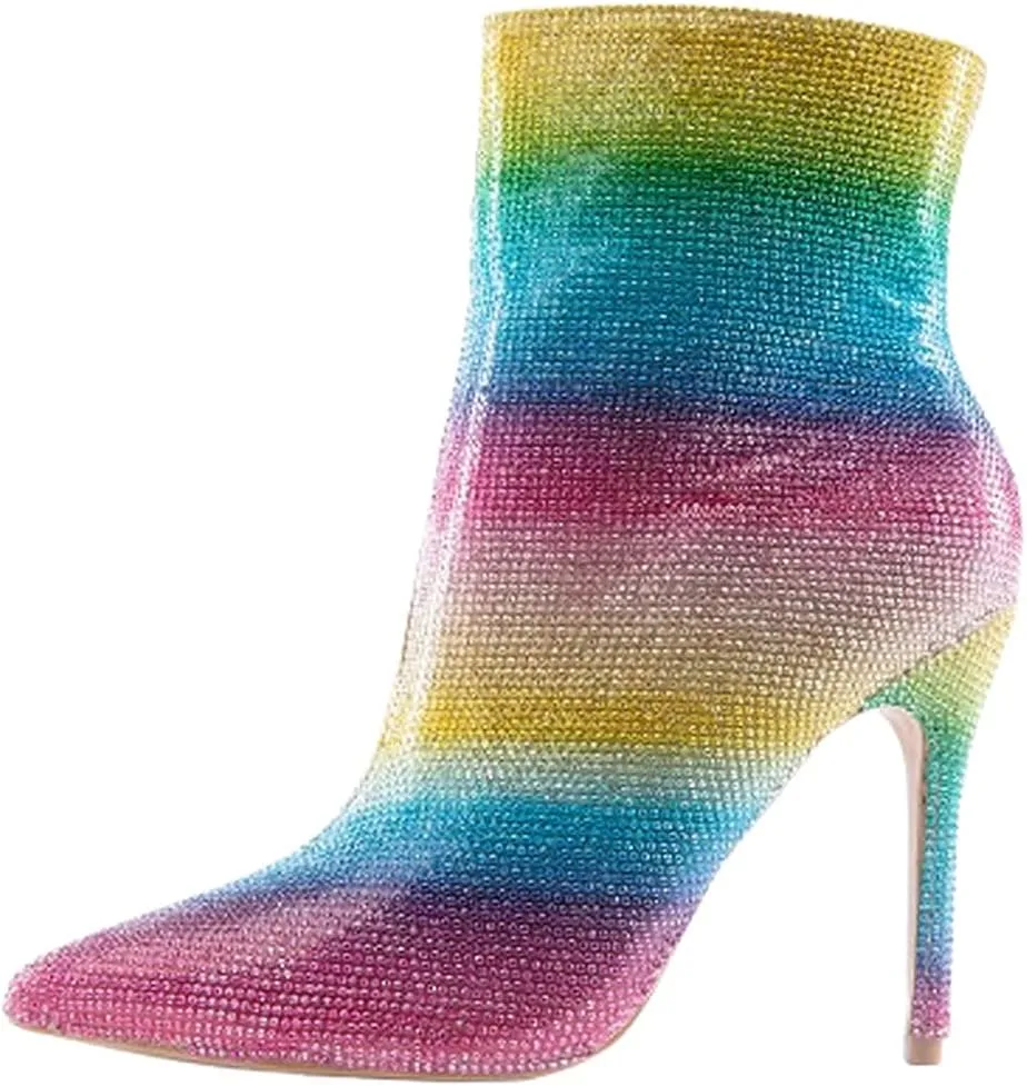 Pointed Toe Ankle Boots High Heels Rhinestones