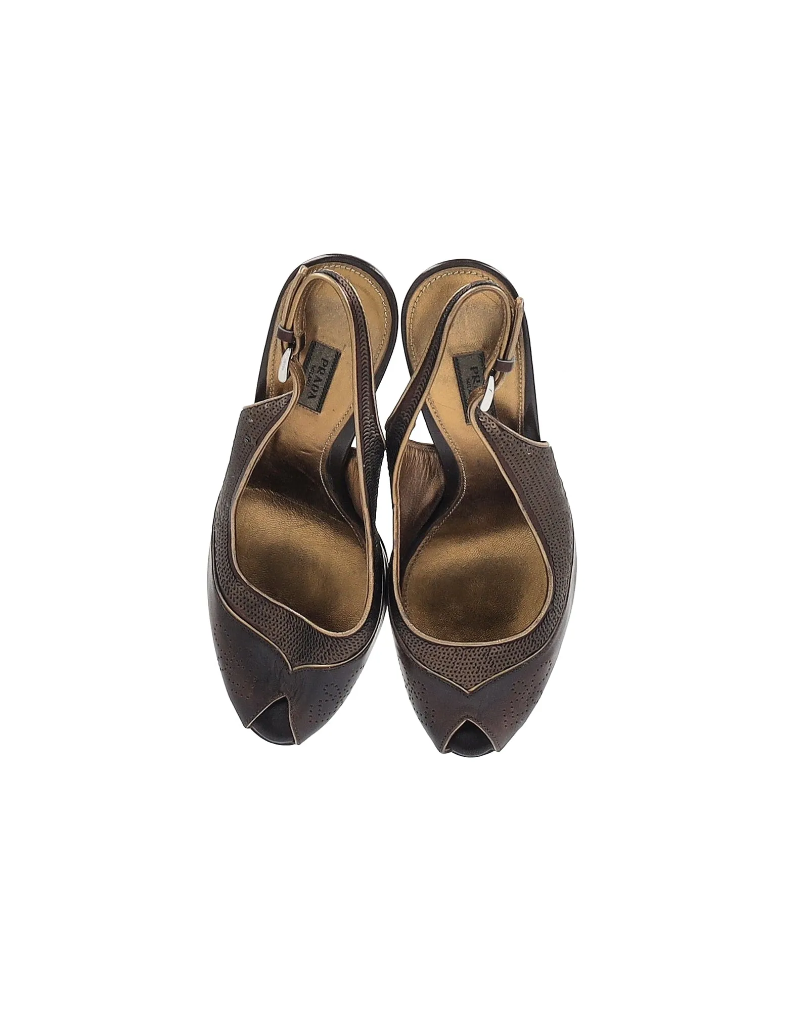 Prada Peep Toe Sequinned Slingback Pumps in Brown Leather