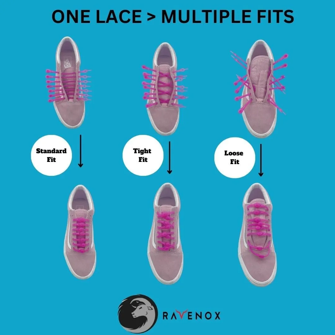 Ravenox No Tie Silicone Shoelaces - Tieless Slip-On Elastic Laces for Adults - Sneakers & Flats - One Size Fits All, Unisex