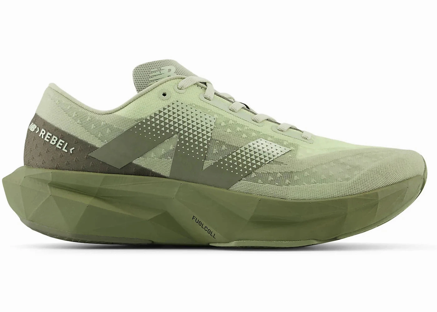 New Balance FuelCell Rebel v4Olivine Dark Camo Secure Lace System Abrasion Shield Technology