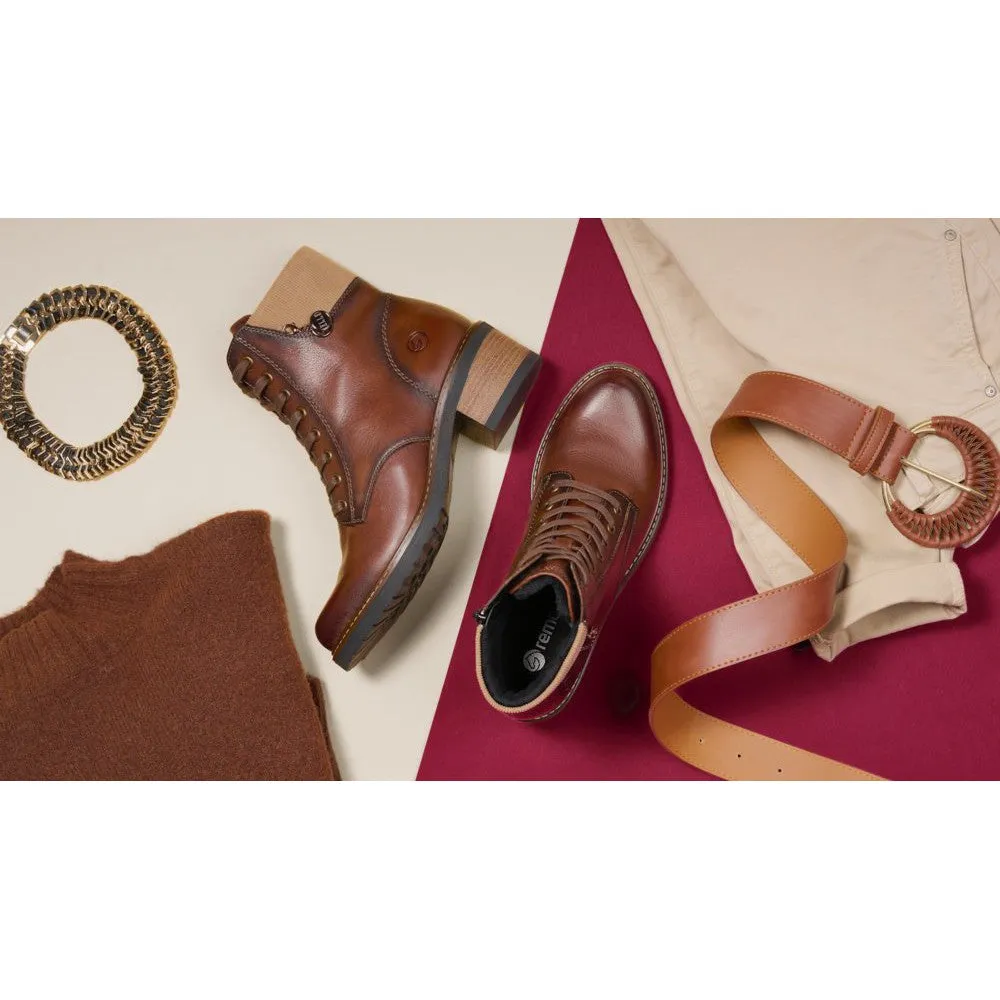 Remonte D1A70-22 Ladies Chestnut Brown Leather Zip & Lace Ankle Boots