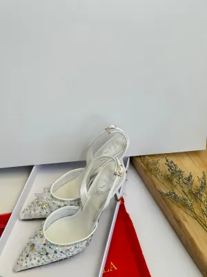 RENE CAOVILLA VENEZIA CINDERELLA WHITE SLINGBACK PUMPS WITH CRYSTAL