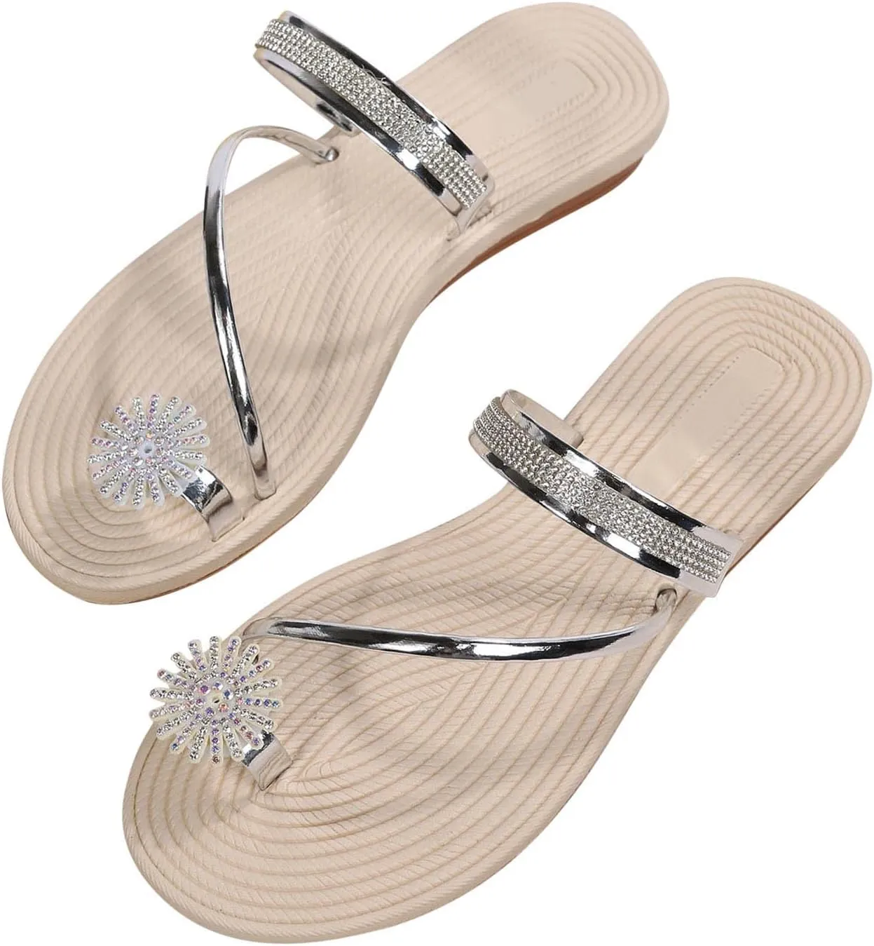 Rhinestone Sandals for Women Dressy 2025 Summer New Flower Clip Toe Slide Sandals Glitter Slip on Casual Flat Sandal