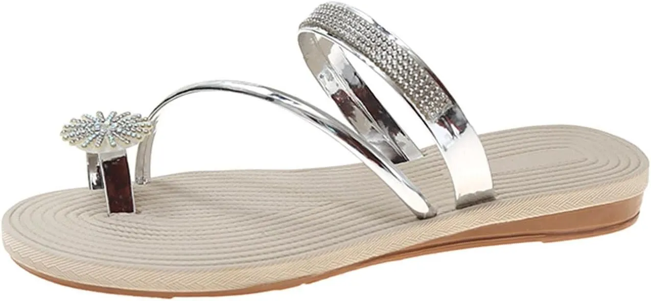 Rhinestone Sandals for Women Dressy 2025 Summer New Flower Clip Toe Slide Sandals Glitter Slip on Casual Flat Sandal