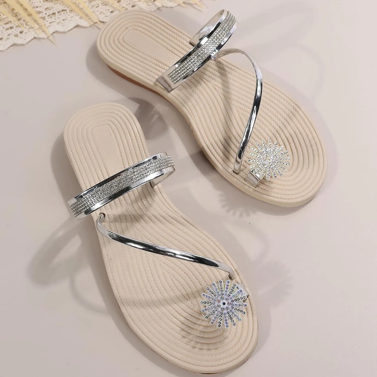 Rhinestone Sandals for Women Dressy 2025 Summer New Flower Clip Toe Slide Sandals Glitter Slip on Casual Flat Sandal