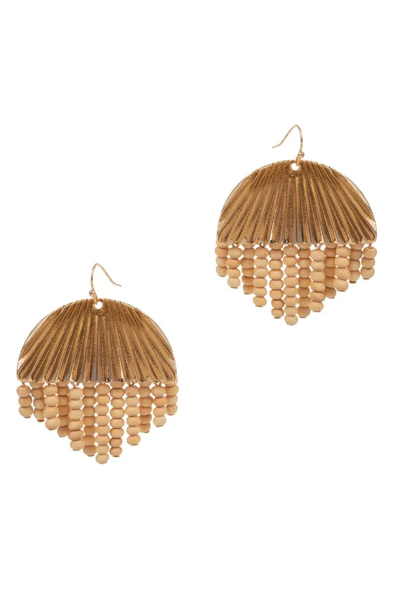 Round Wood Beaded Tassel Hook Earrings- Brown