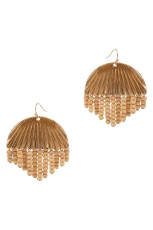 Round Wood Beaded Tassel Hook Earrings- Brown