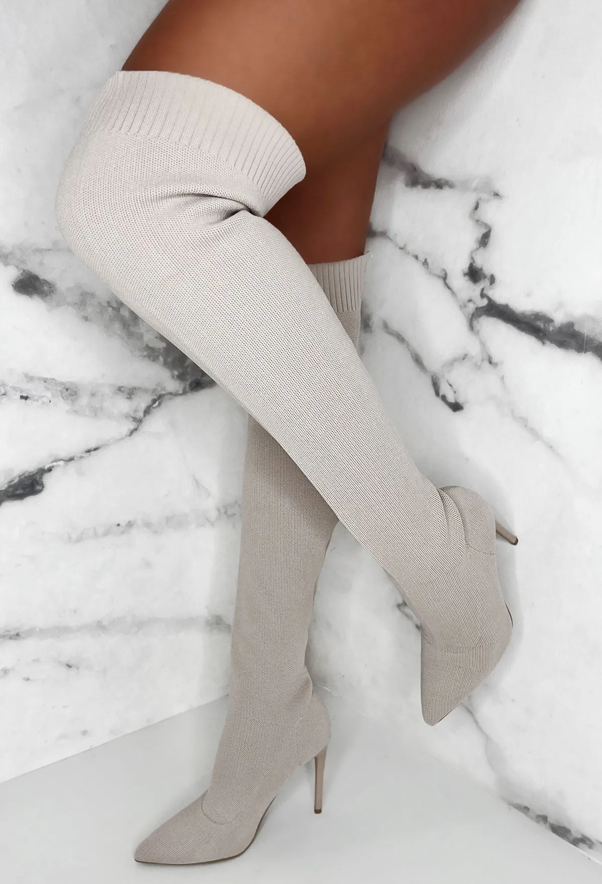 Roxxie Cream Stretch Knit Over The Knee Boots