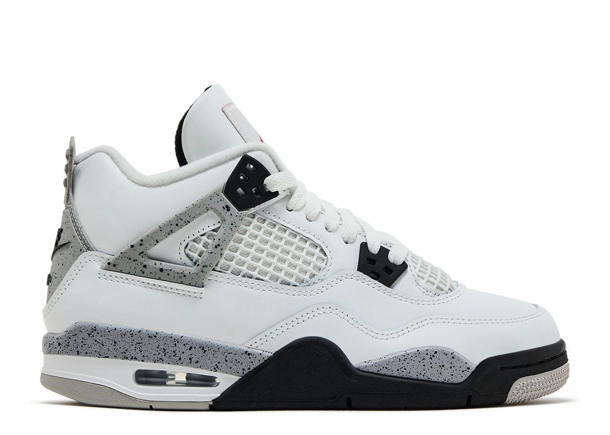 Air Jordan 4 Retro OG GS "White Cement" 2025 (Wilmington Location) running with a maximalist style running in a basketball court area shoes