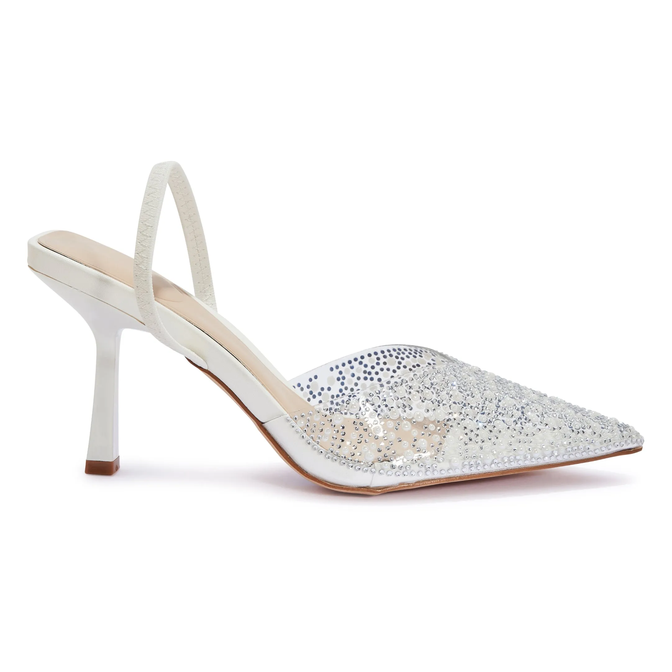 SALADO32 DIAMANTE DETAIL CLEAR PERSPEX POINTED TOE SLINGBACK COURT HEEL.