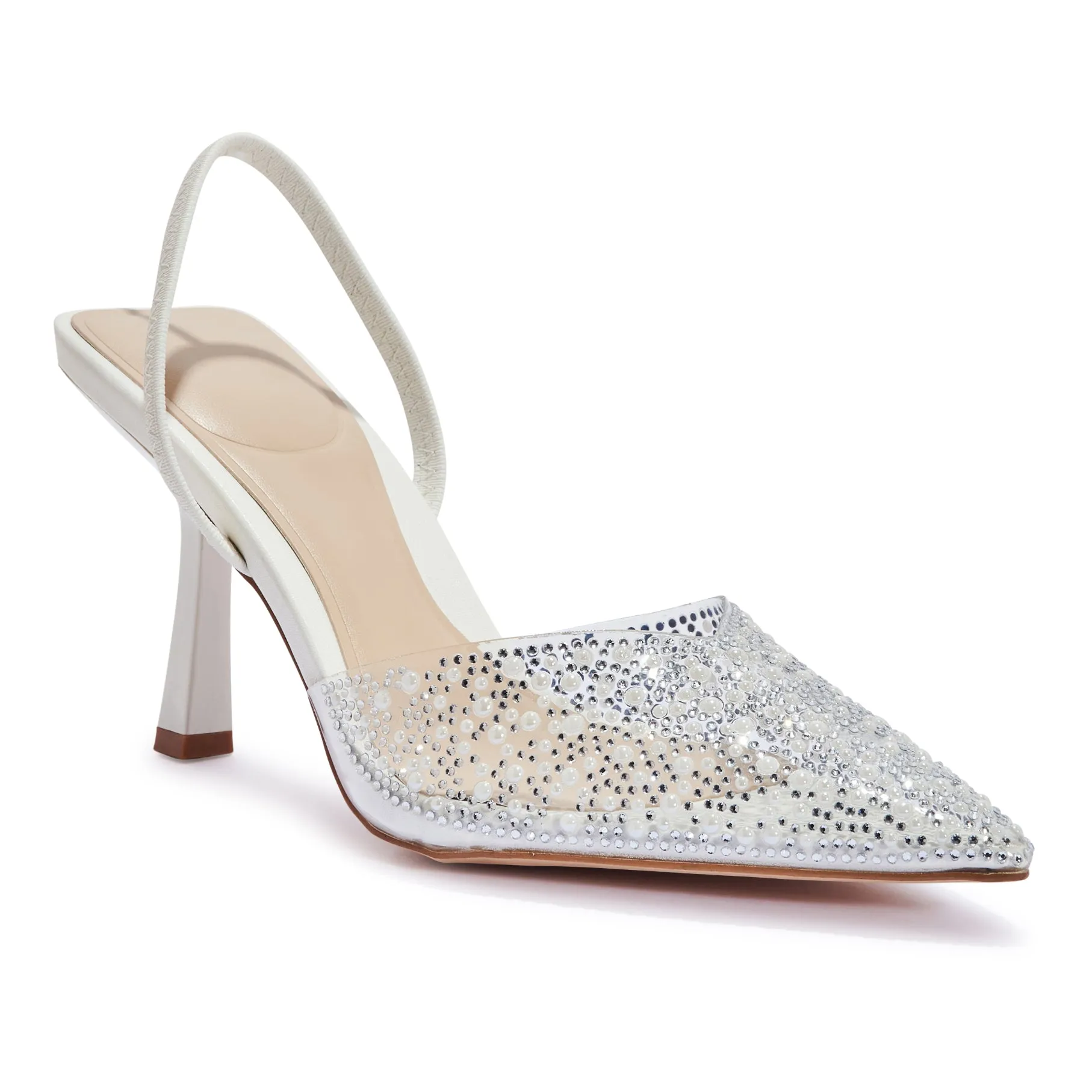 SALADO32 DIAMANTE DETAIL CLEAR PERSPEX POINTED TOE SLINGBACK COURT HEEL.