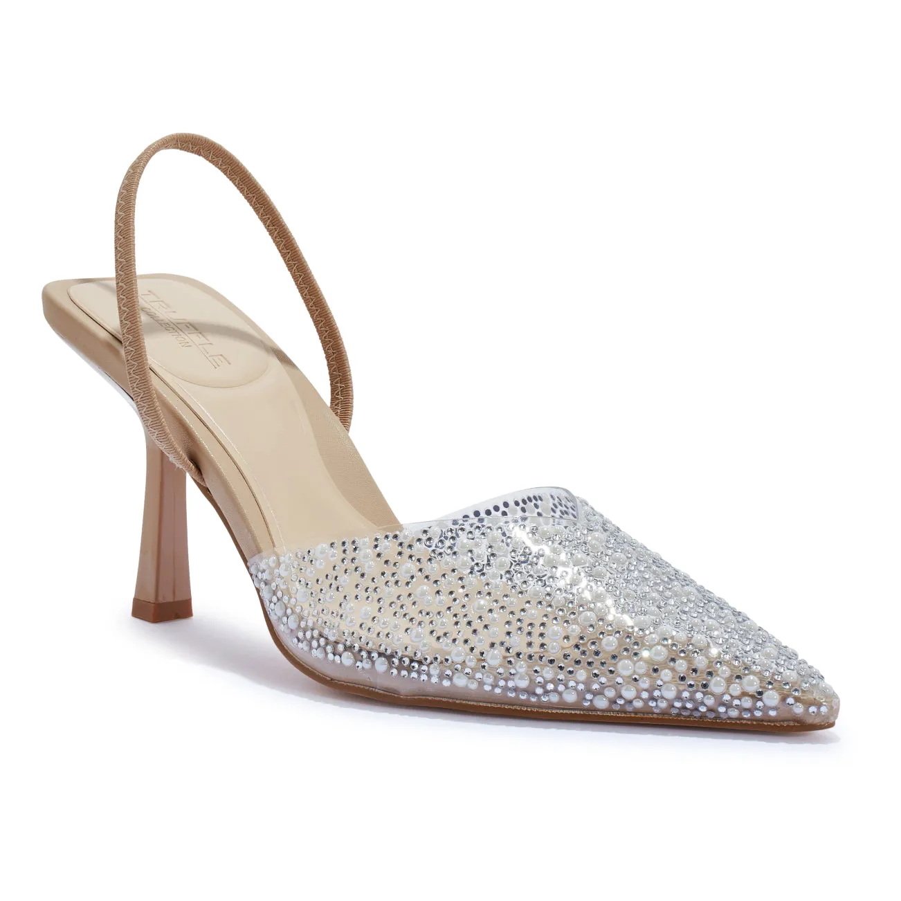 SALADO32 DIAMANTE DETAIL CLEAR PERSPEX POINTED TOE SLINGBACK COURT HEEL.