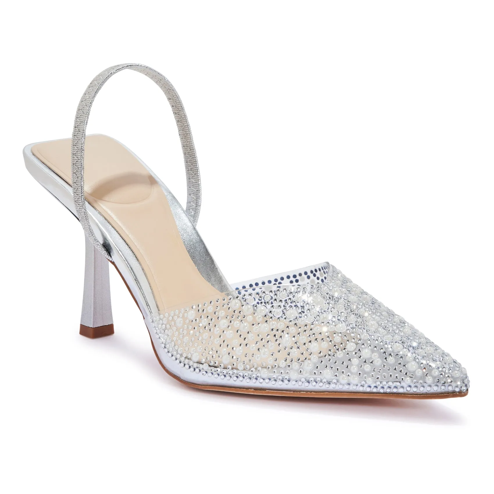 SALADO32 DIAMANTE DETAIL CLEAR PERSPEX POINTED TOE SLINGBACK COURT HEEL.
