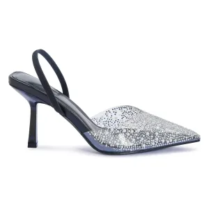SALADO32 DIAMANTE DETAIL CLEAR PERSPEX POINTED TOE SLINGBACK COURT HEEL.
