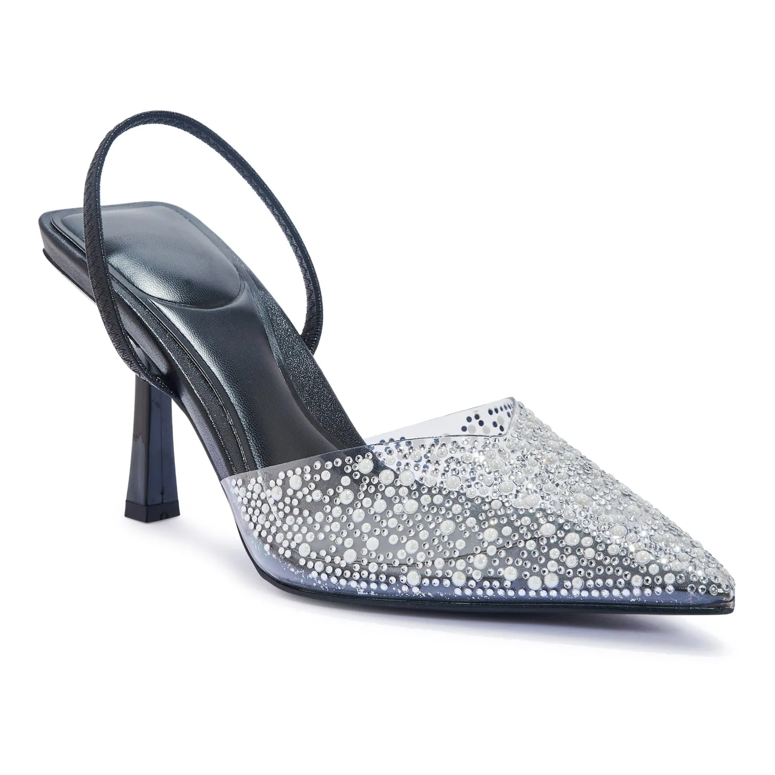 SALADO32 DIAMANTE DETAIL CLEAR PERSPEX POINTED TOE SLINGBACK COURT HEEL.