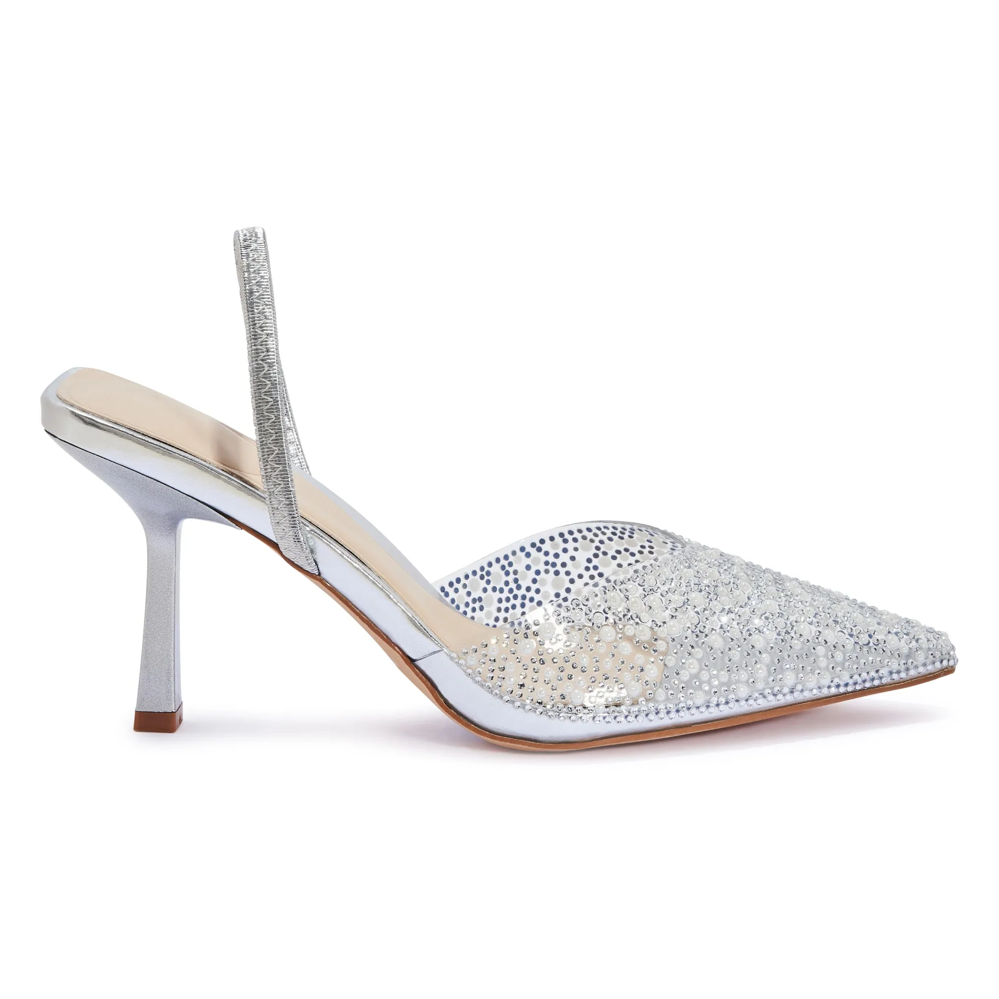 SALADO32 DIAMANTE DETAIL CLEAR PERSPEX POINTED TOE SLINGBACK COURT HEEL.