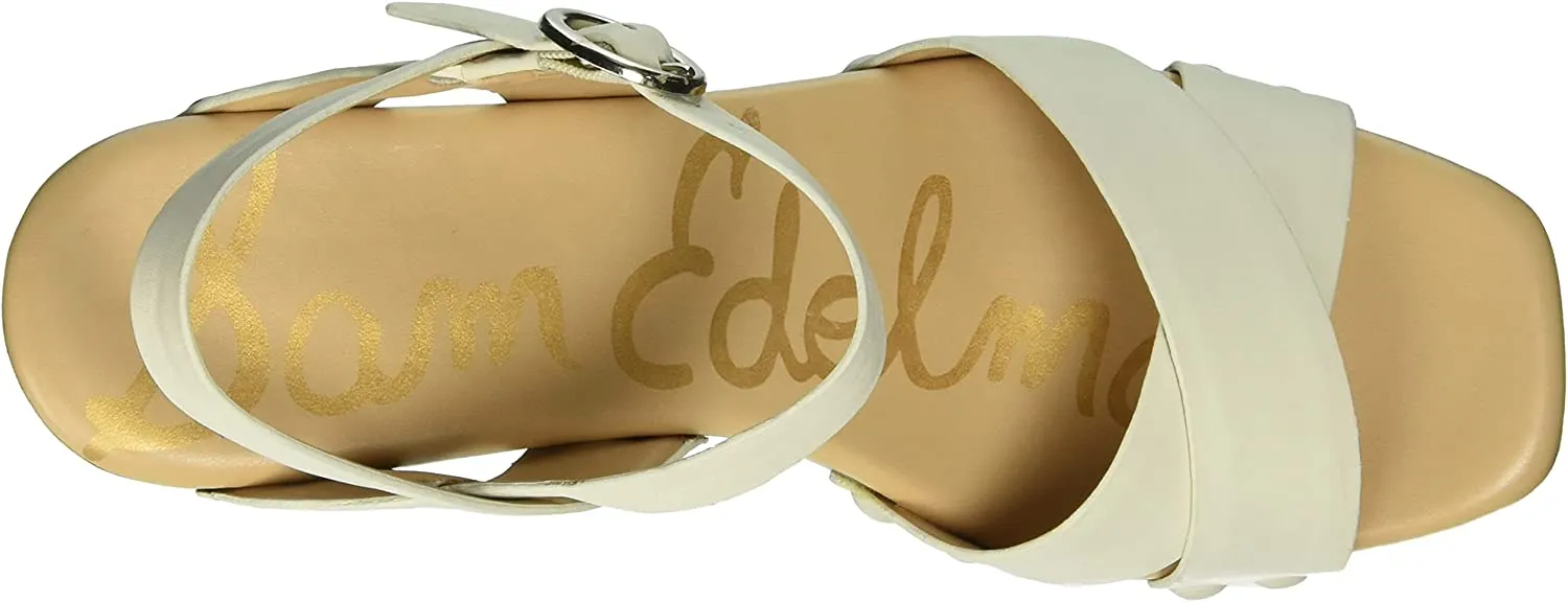 Sam Edelman Josefine Modern Ivory Leather Block Heel Ankle Strap Heeled Sandals