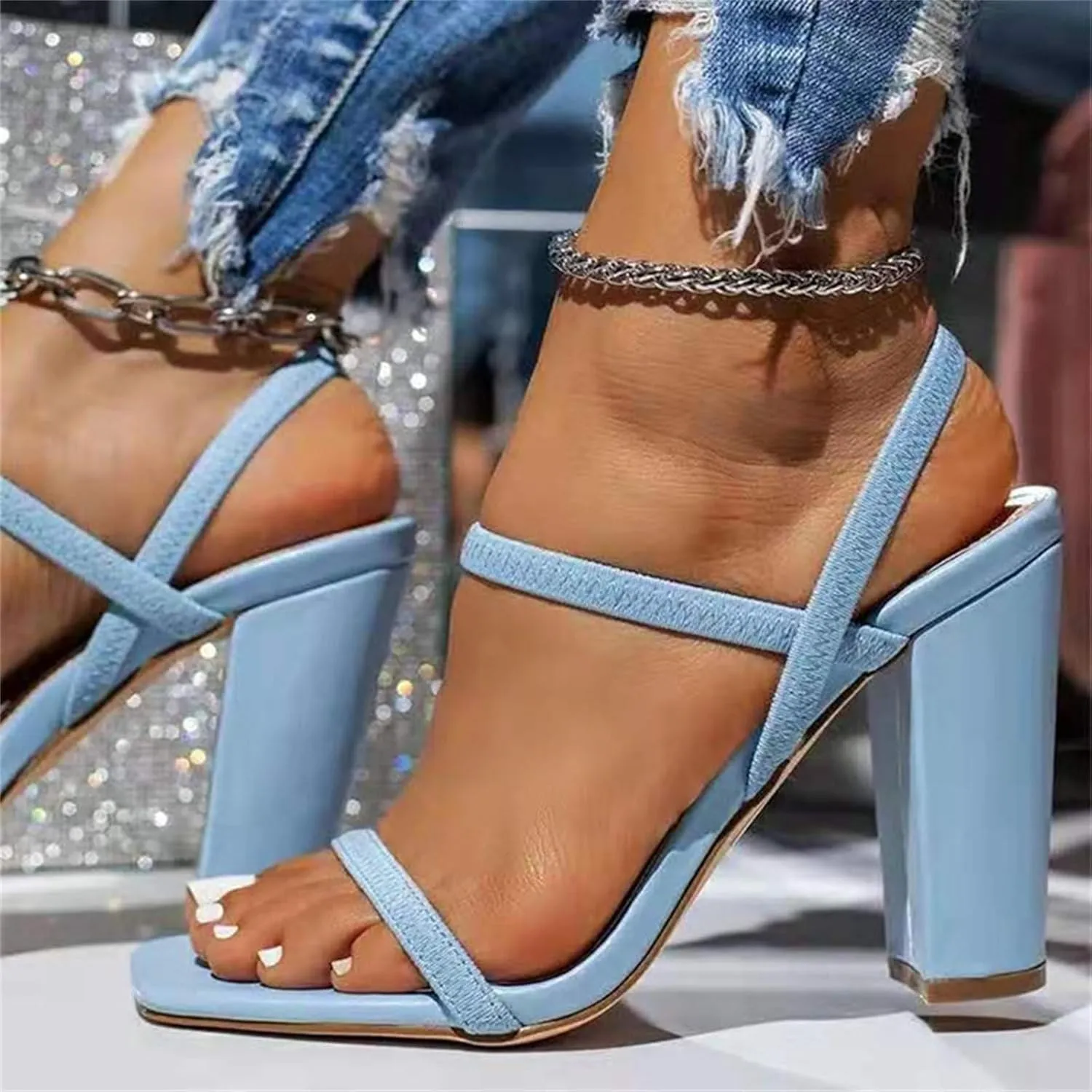 Sandals for Women Chunky High Heels Sandal Sexy Strappy Square Open Toe High Heels Sandals Ankle Strap Sandals