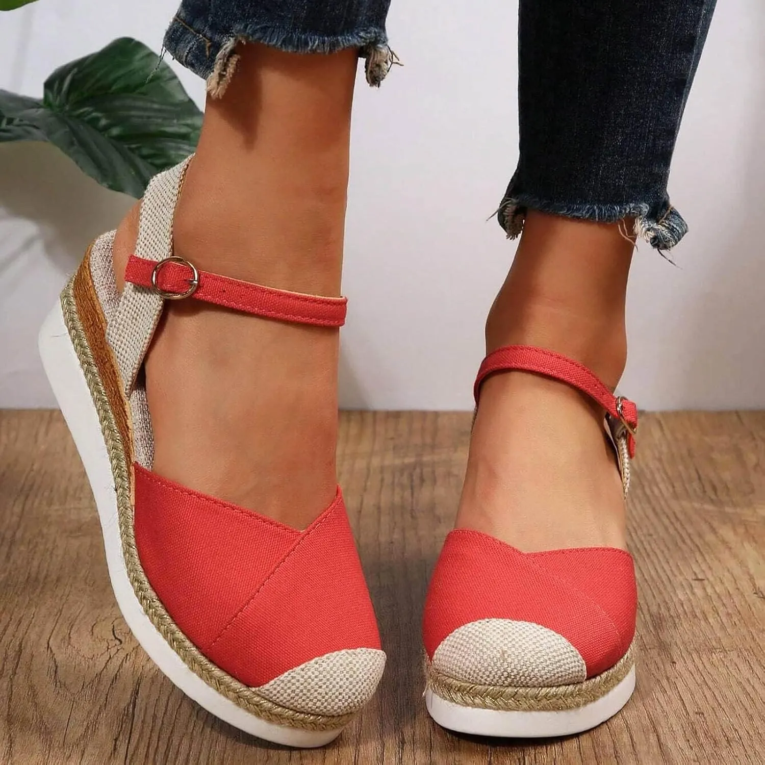 Sandals for Women Closed Toe Crisscross Elastic Ankle Strap Platform Espadrille Wedge Sandals Adjustable Buckle Flat Slide Sandals Canvas Wedge Sandals