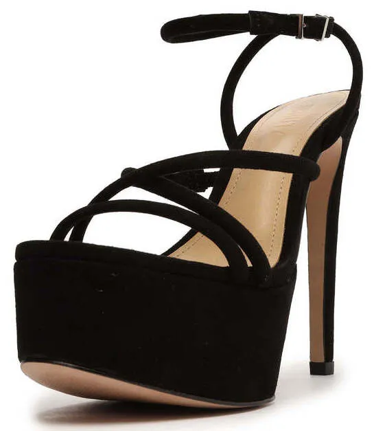 Schutz Zilla Black Suede Straps Buckle Ankle High Heels Womens Platforms Sandals