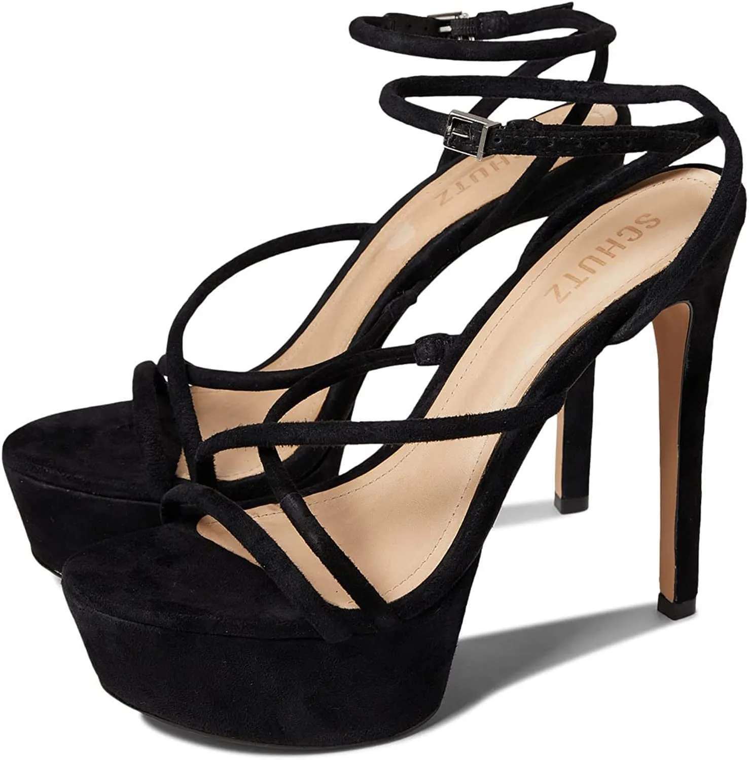 Schutz Zilla Black Suede Straps Buckle Ankle High Heels Womens Platforms Sandals