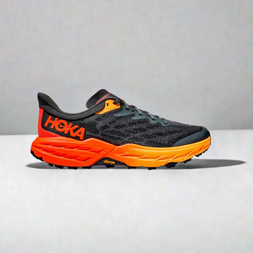 Outsole wrap adds protection during lateral motion Hoka One One Speedgoat 5 Castlerock Flame