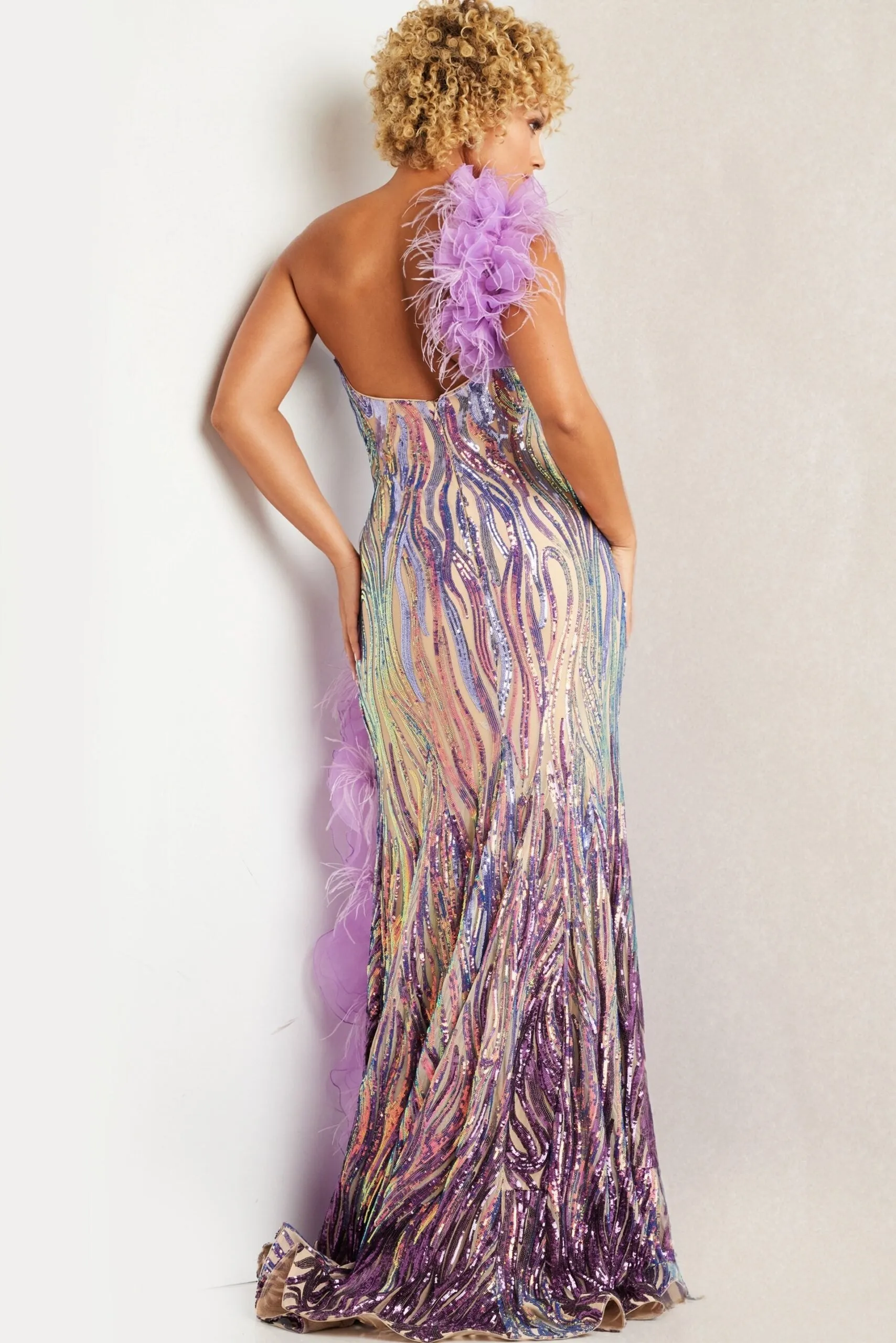 Sequin Feather One Shoulder Slit Gown by Jovani 38678