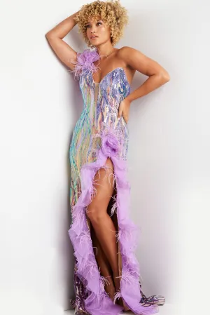 Sequin Feather One Shoulder Slit Gown by Jovani 38678