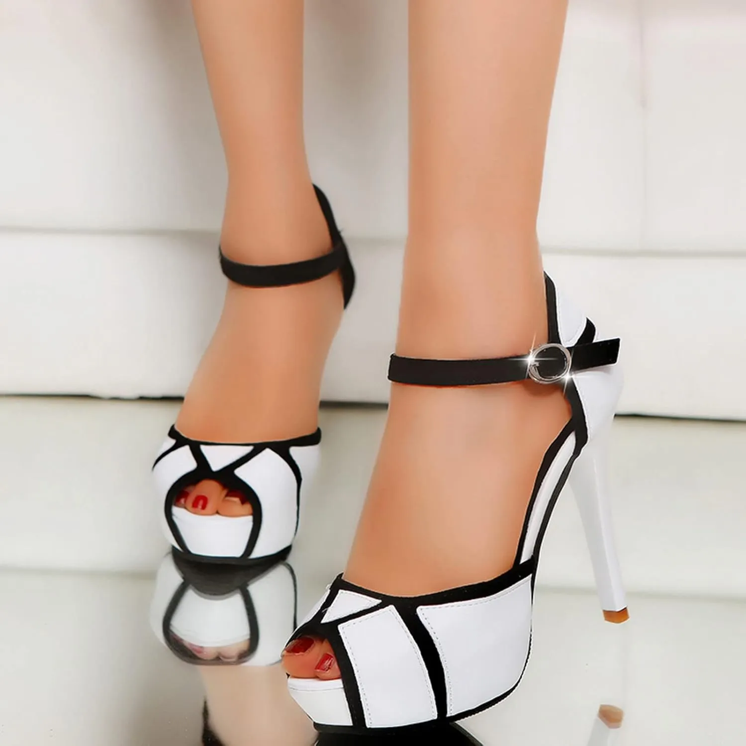 Sexy Casual Dress Shoes Colorblock Mouth Hollow Ladies Leather Fish High Face Sandals Fashion Heels Women's high Heels