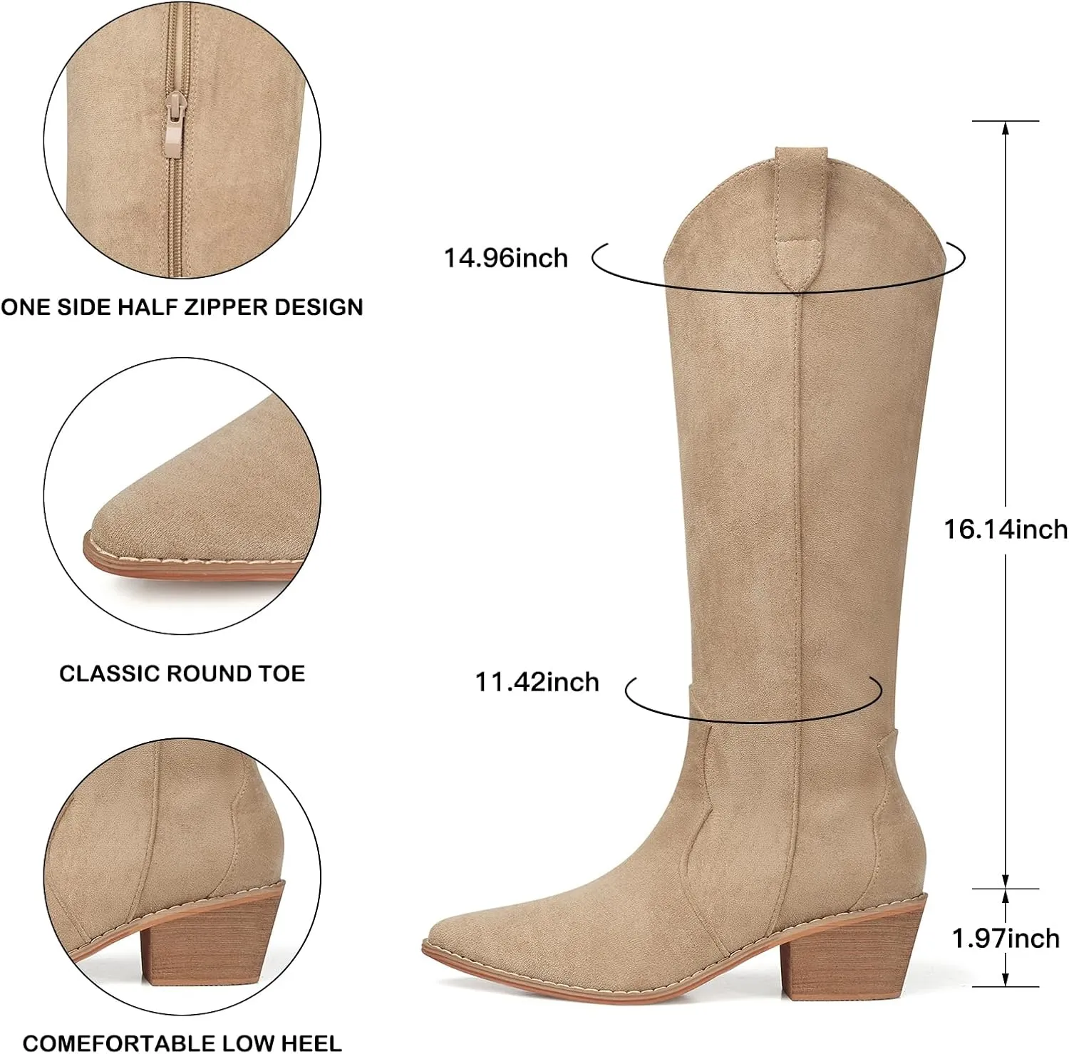 SHIBEVER Cowboy Boots for Women Knee High Suede Pointed Toe Cowgirl Boots Embroidered Pull-On Chunky Heel Western Boots