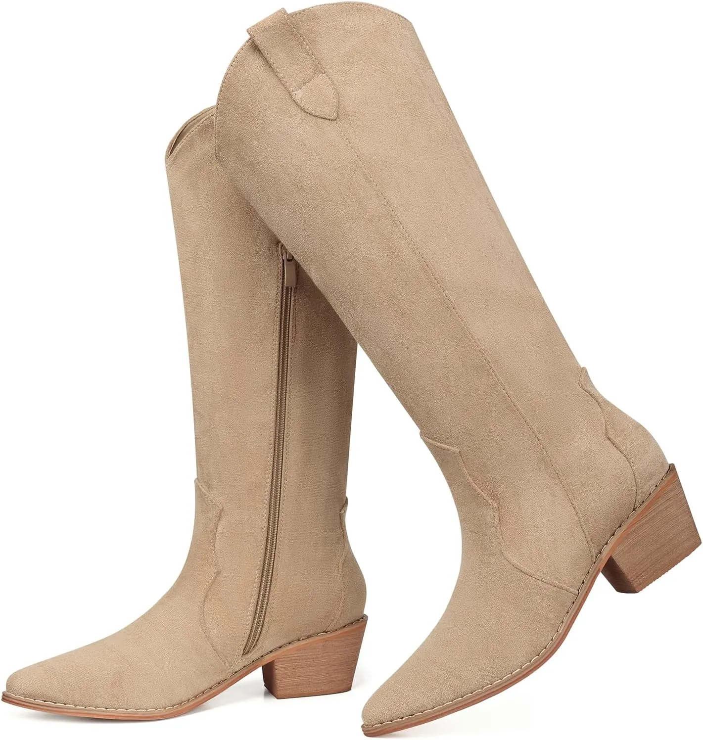 SHIBEVER Cowboy Boots for Women Knee High Suede Pointed Toe Cowgirl Boots Embroidered Pull-On Chunky Heel Western Boots