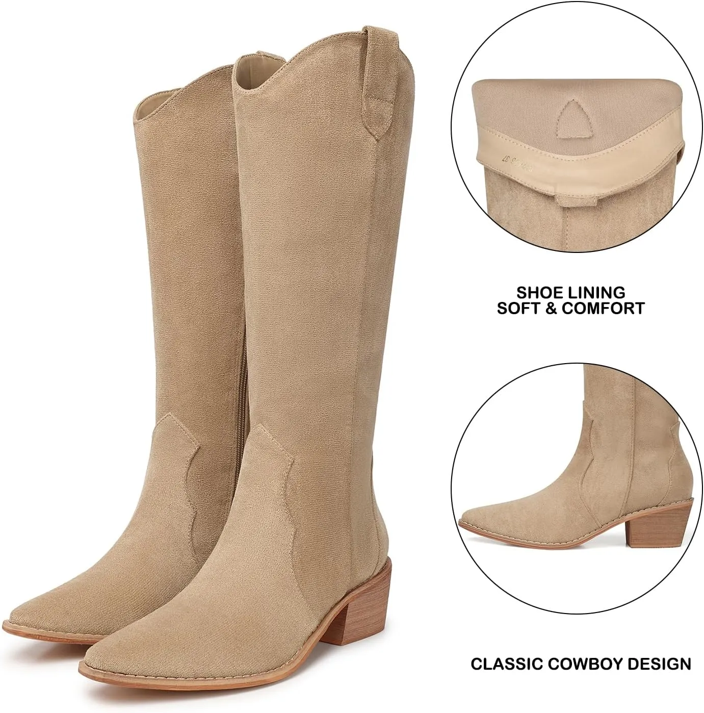 SHIBEVER Cowboy Boots for Women Knee High Suede Pointed Toe Cowgirl Boots Embroidered Pull-On Chunky Heel Western Boots