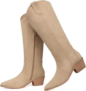 SHIBEVER Cowboy Boots for Women Knee High Suede Pointed Toe Cowgirl Boots Embroidered Pull-On Chunky Heel Western Boots
