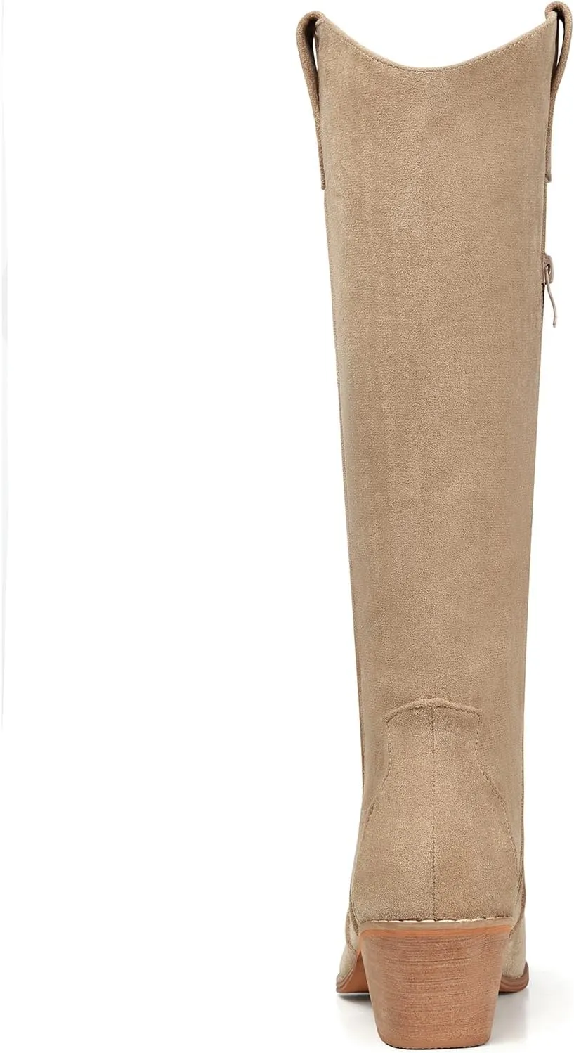 SHIBEVER Cowboy Boots for Women Knee High Suede Pointed Toe Cowgirl Boots Embroidered Pull-On Chunky Heel Western Boots