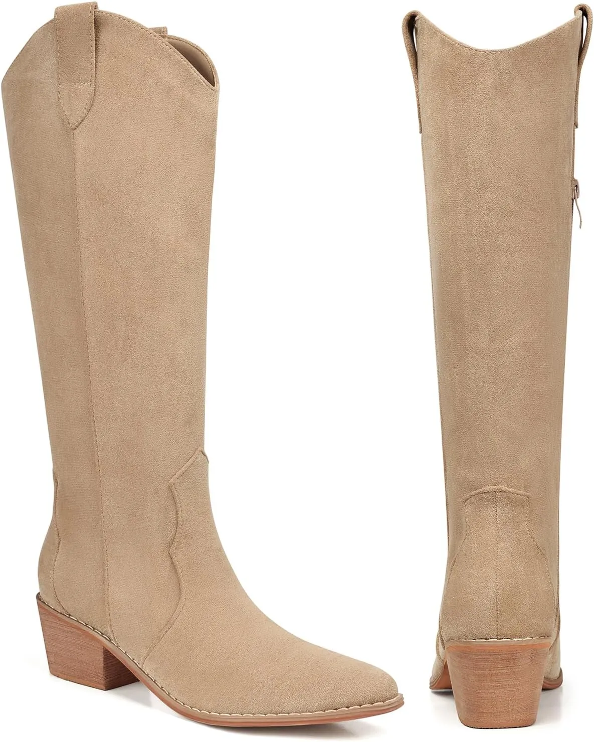 SHIBEVER Cowboy Boots for Women Knee High Suede Pointed Toe Cowgirl Boots Embroidered Pull-On Chunky Heel Western Boots