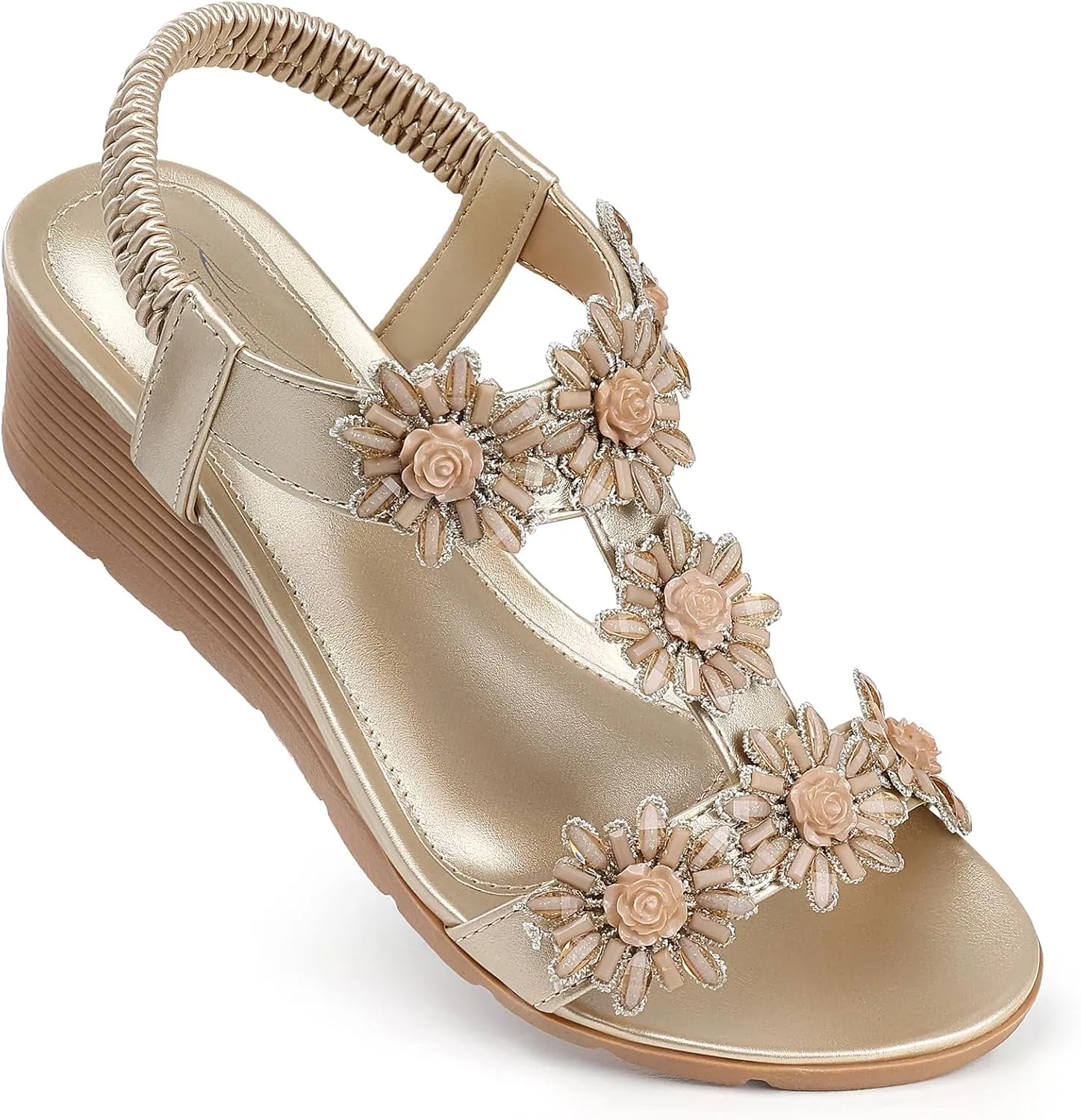 SHIBEVER Womens Sandals Wedge Flower: Open Toe Elastic Ankle Strap Wedge Sandal - Dressy Sandals Women - Comfortable Summer Bohemia