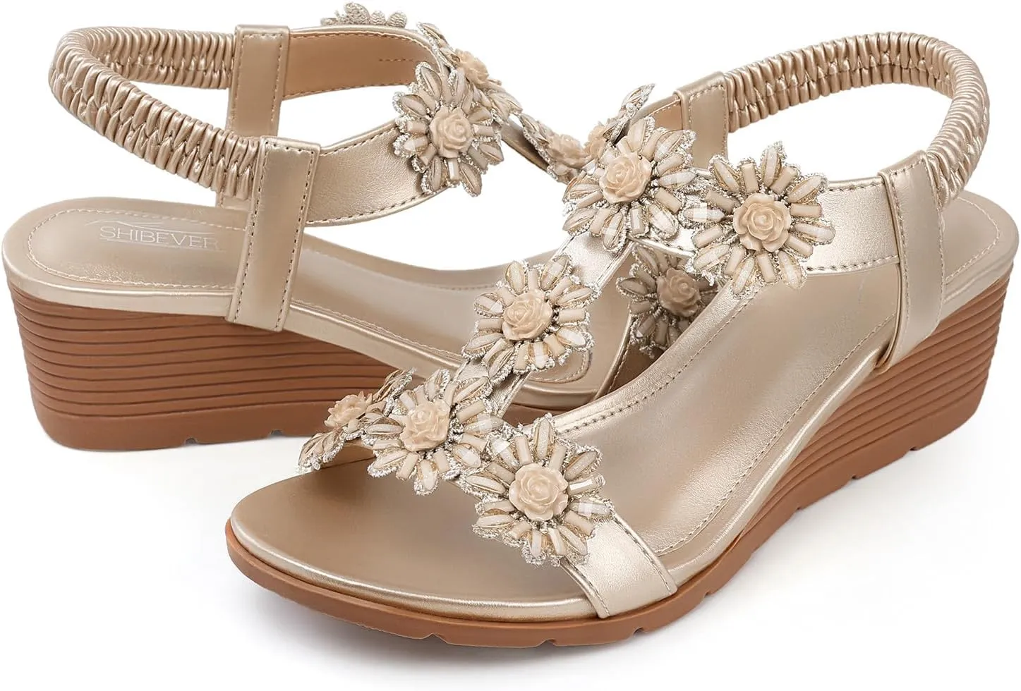 SHIBEVER Womens Sandals Wedge Flower: Open Toe Elastic Ankle Strap Wedge Sandal - Dressy Sandals Women - Comfortable Summer Bohemia