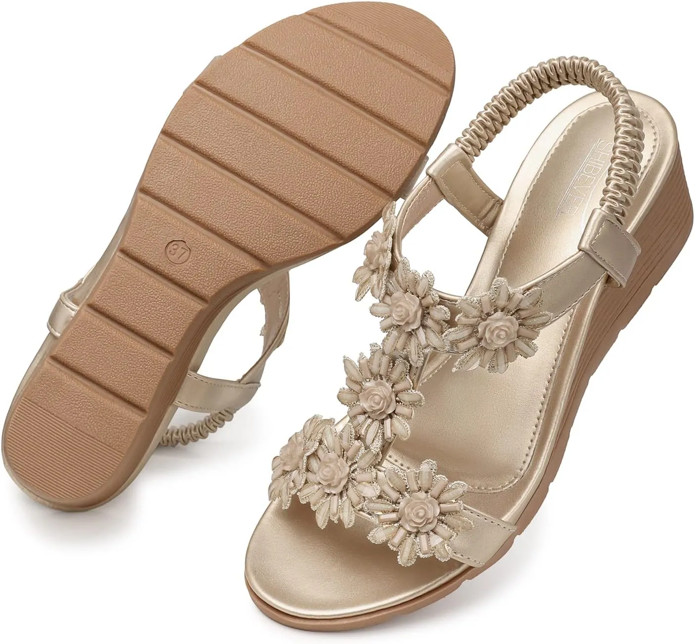 SHIBEVER Womens Sandals Wedge Flower: Open Toe Elastic Ankle Strap Wedge Sandal - Dressy Sandals Women - Comfortable Summer Bohemia